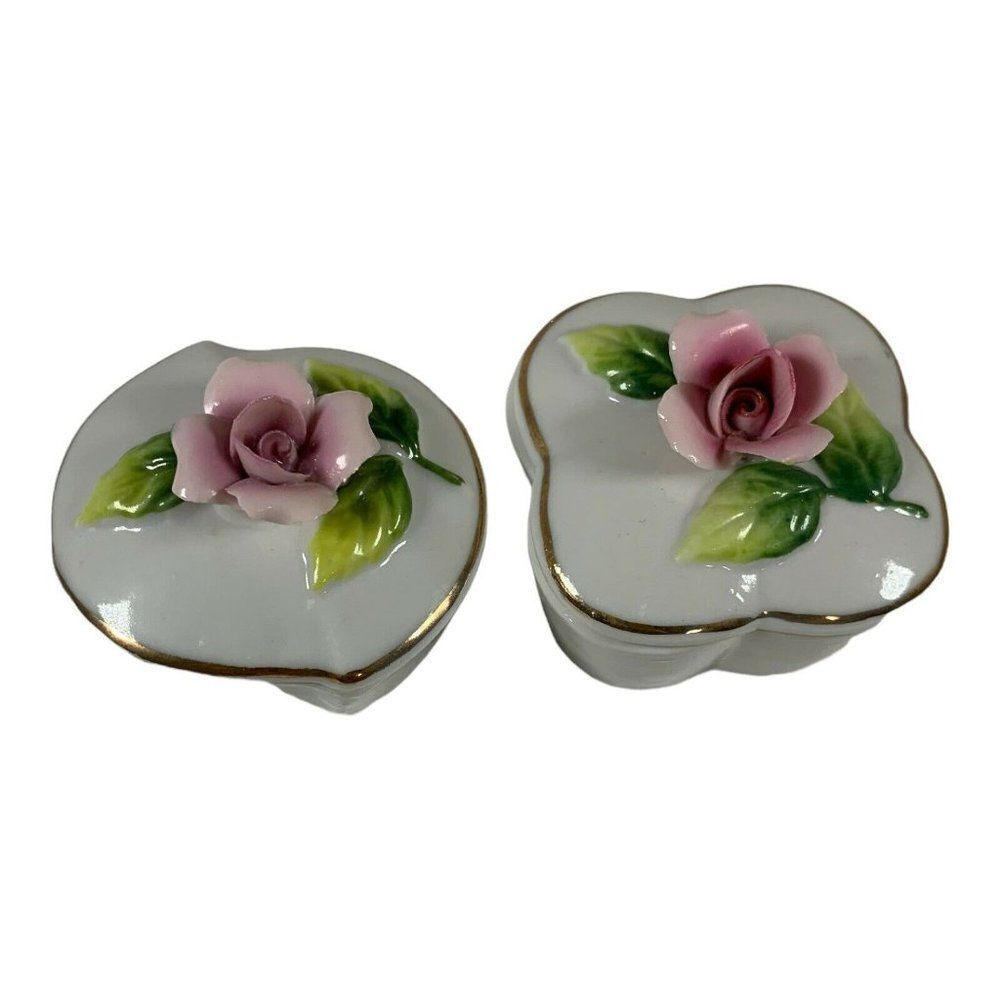 Vintage 3d Pink Rose Lot Set of 2  White Trinket Boxes Pill Ring Pink Rose 2”